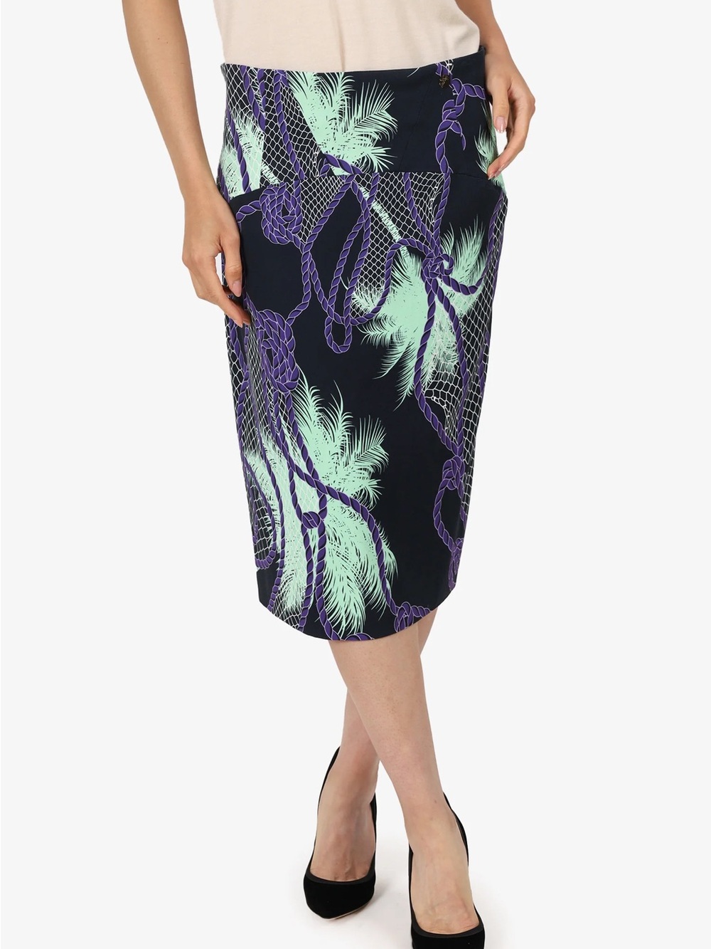 Versace Black Pencil Skirt with Purple Rope & Mint Palm Motif